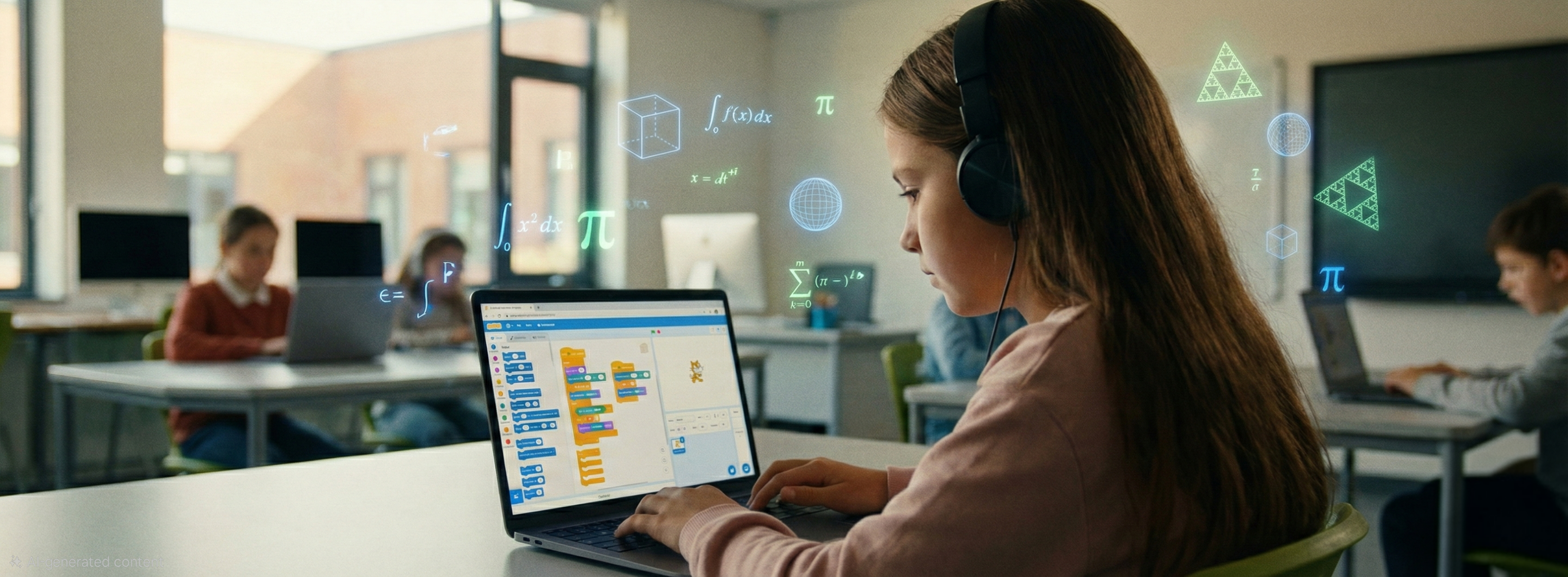 A student in a bright classroom building a block-based coding project on a laptop, surrounded by illustrated mathematics symbols