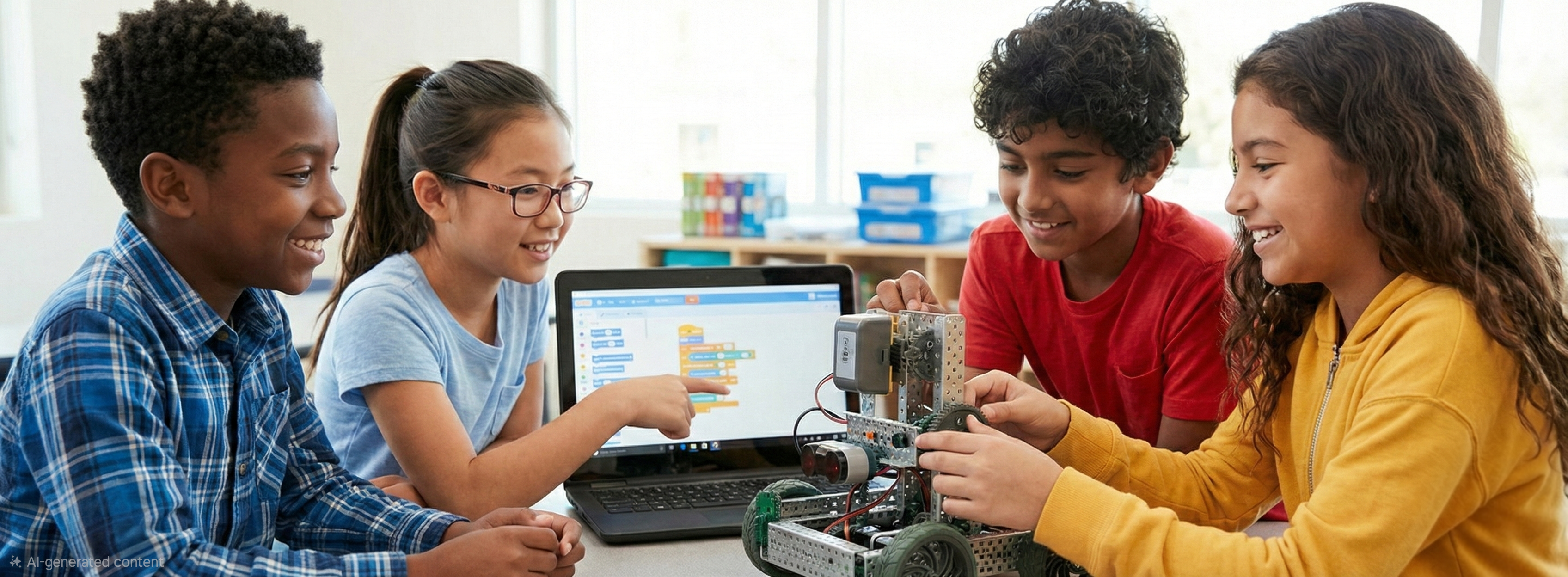 Four students programming a wheeled robot fitted with an ultrasonic sensor from a laptop