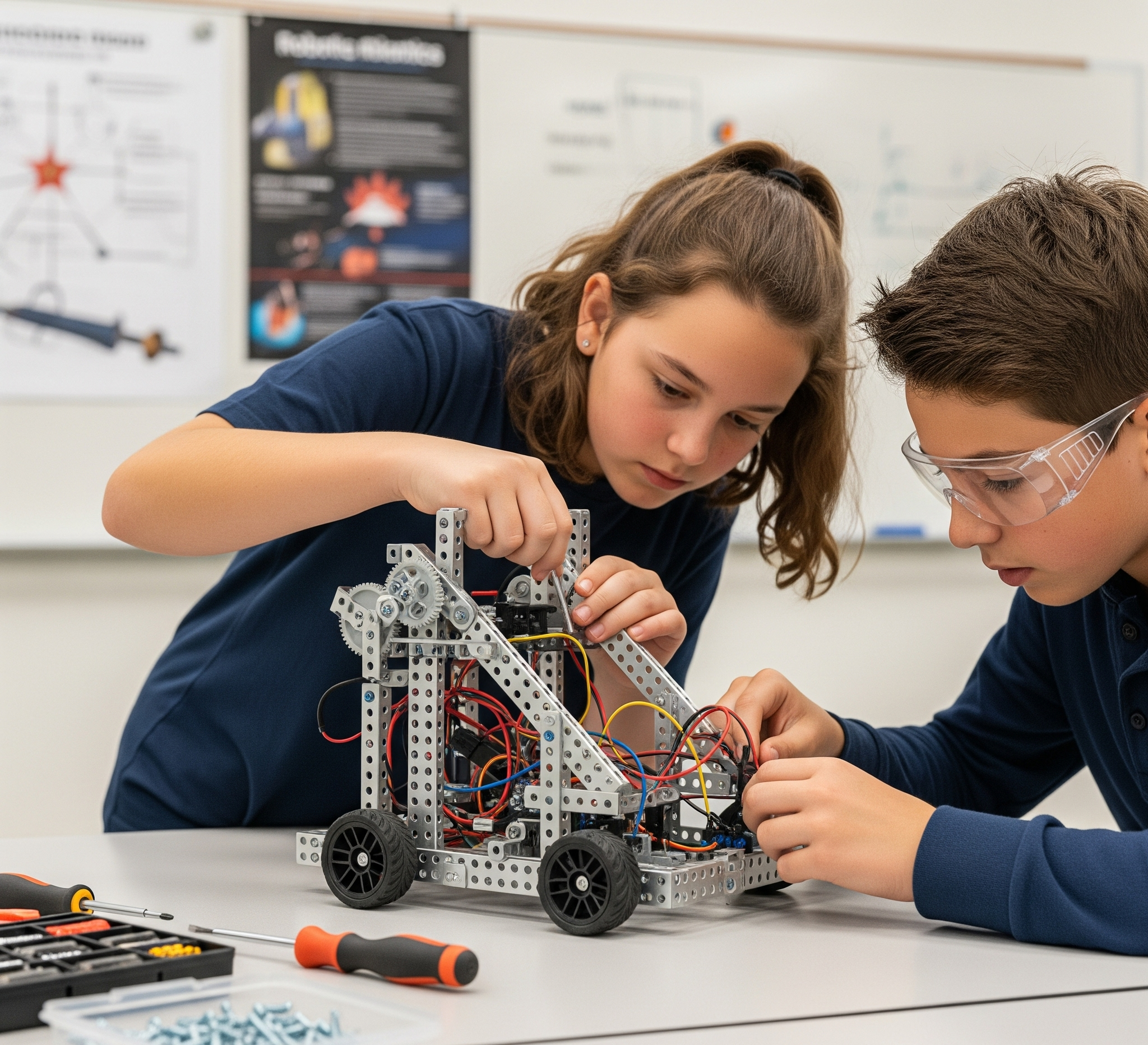 Two students wiring a motorised robot chassis with colour-coded jumper wires and a screwdriver